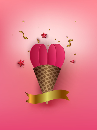 Ice cream cone with 3D paper heart and gold ribbon confetti. Valentines day background. Love concept.のイラスト素材