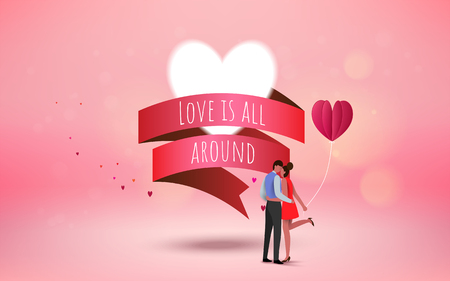Red heart flower on pink background with sweet couple on honeymoon vacation. Love concept. Happy Valentine's Day wallpaper, poster, card. Vector illustration.のイラスト素材