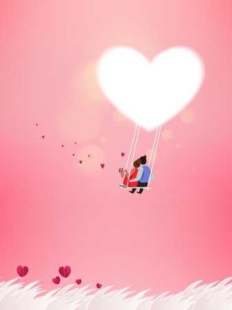 Romantic couple on a swing. Love concept. Happy Valentine's Day wallpaper, poster, card. Vector illustration.のイラスト素材