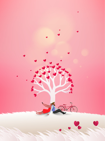 Concept of valentine day ,Couple under a love tree in the spring season,paper art and craft style. Romantic lover on honeymoon vacation. Love concept. Happy Valentine's Day wallpaper, poster, card. Vector illustration.のイラスト素材