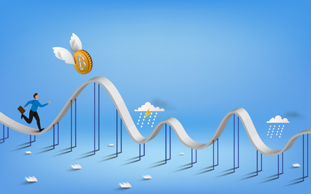 Bitcoin currency symbol and business graph illustration design isolated graphic. Bitcoin and business man on roller coaster.  3D vecter illustration.のイラスト素材