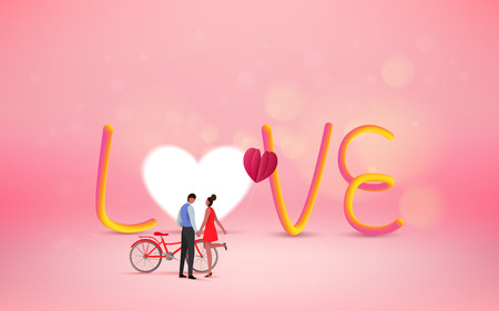 Red heart flower on pink background with sweet couple on honeymoon vacation. Love concept. Happy Valentine's Day wallpaper, poster, card. Vector illustration.のイラスト素材
