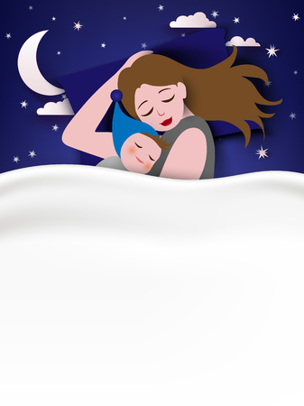 Happy mother's day. Mom and her baby are sleeping, smiling and hugging on dark night with star and moon background. Family holiday and togetherness. Vector illustration.のイラスト素材