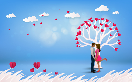 Red heart flower on pink background with  couple kissing under love tree on vacation summer holidays romance. Happy Valentine's Day wallpaper, poster, card. Vector illustration.のイラスト素材