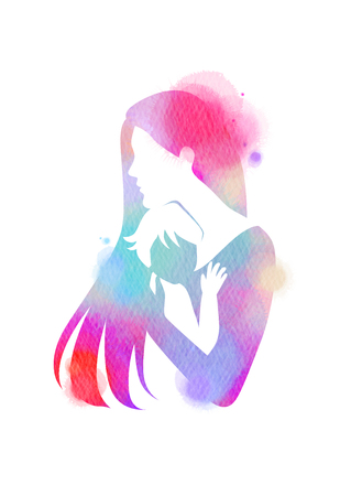 Happy family silhouette on watercolor background. Mother and baby. Mother's day. Digital art painting.の写真素材