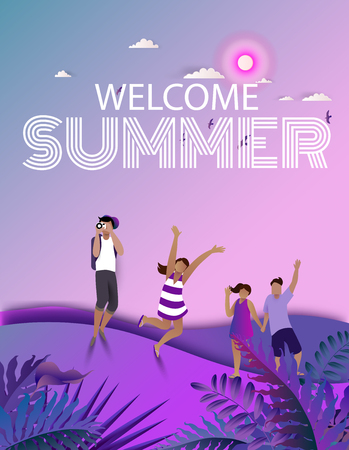 Happy summer holidays with friends in tropical jungle landscape.のイラスト素材