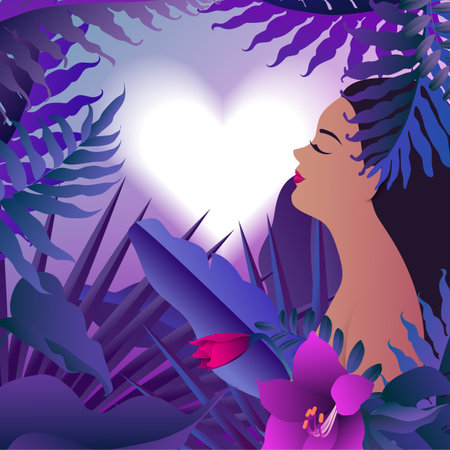 Happy beautiful woman in tropical forest on heart background.のイラスト素材