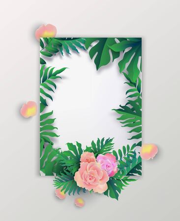 Summer sale banner with tropical leaves and pink roses background, exotic tropical leaves design for banner, flyer, invitation, poster, web site or greeting card.  vector illustrationのイラスト素材