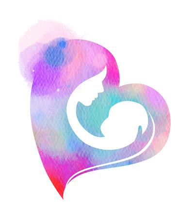 Silhouette watercolor of Happy parents having good time with their little children. Mother and daughter. Mother's day. Mom and child Health. Digital art painting.の写真素材