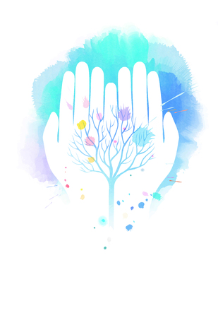 Double exposure illustration. Human hands holding tree symbol with watercolor. Concept illustration for environment care or help project. Digital art painting.の写真素材