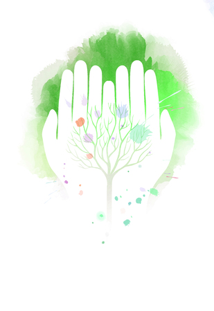Double exposure illustration. Human hands holding tree symbol with watercolor. Concept illustration for environment care or help project. Digital art painting.の写真素材