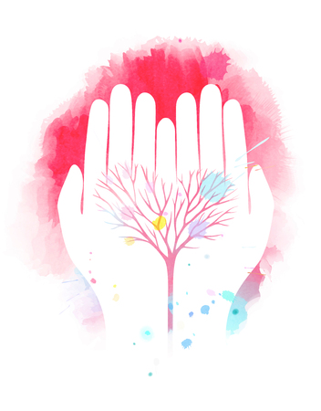Double exposure illustration. Human hands holding tree symbol with watercolor. Concept illustration for environment care or help project. Digital art painting.の写真素材