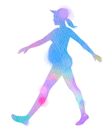 Pregnant woman brisk walking  silhouette plus abstract watercolor painted. Mom and baby health care. Healthy pregnancy and lifestyle.Cardio training. Digital art painting.の写真素材