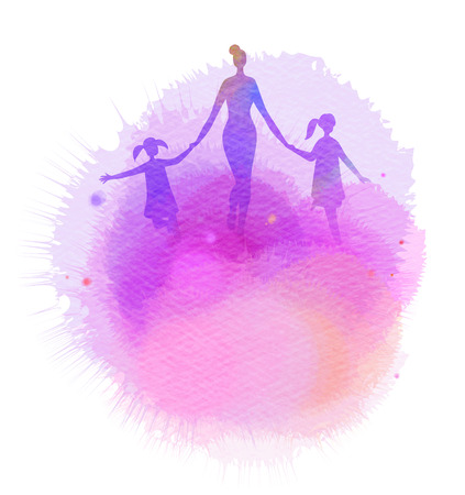 Mom with kids running silhouette plus abstract watercolor painted. Mother and children exercise. Health care concept. Digital art painting.の写真素材