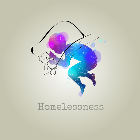 Sad child sleeping on the floor. Homeless kid  imagine to bedroomのイラスト素材