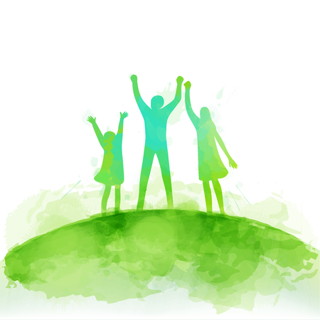 Watercolor of happy parents having good time with their little children. Family on pink background. Paper cut style. Vector illustrationのイラスト素材