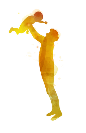 Father holding baby silhouette plus abstract watercolor painted. Happy father's day. Digital art paintingのイラスト素材