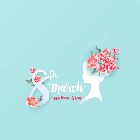 8 march. Happy Woman's Day. Silhouette of a woman with pink roses. Vector illustration EPS10.のイラスト素材