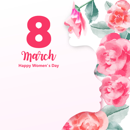 8 march. Happy Woman's Day. Silhouette of a woman with pink roses. Vector illustration EPS10のイラスト素材