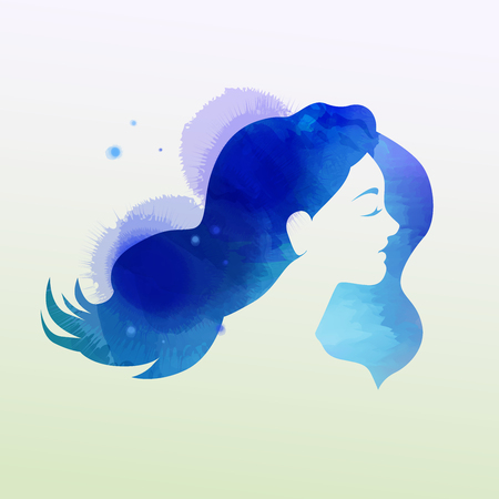 Illustration of woman beauty salon silhouette plus abstract watercolor.  Fashion logo. Digital art paintingのイラスト素材