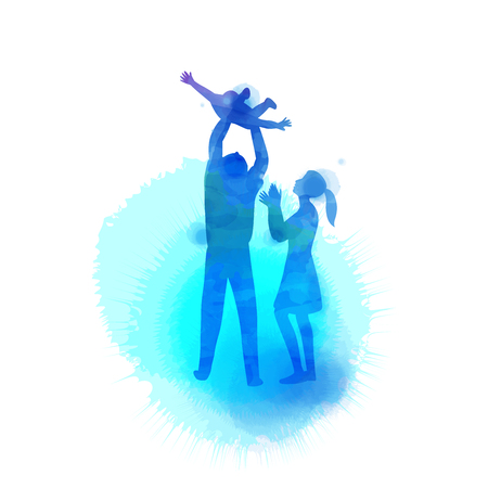 Watercolor of happy parents having good time with their little children. Vector illustrationのイラスト素材