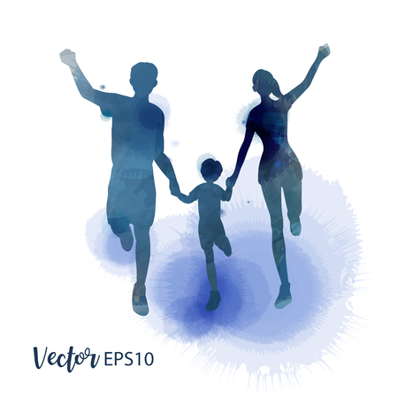 Happy family running silhouettes watercolor. Healthy life. Vector illustrationのイラスト素材