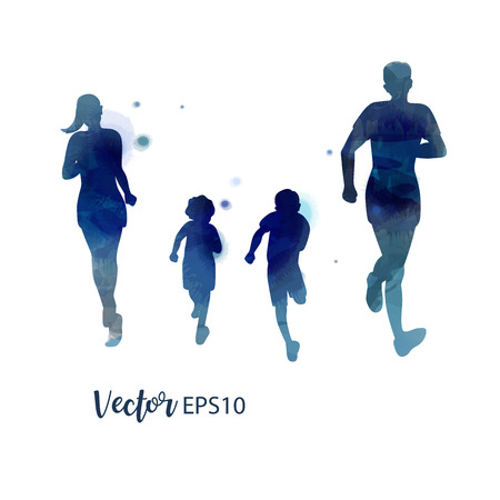Happy family running silhouettes watercolor. Healthy life. Vector illustrationのイラスト素材