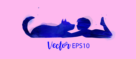 Pet care. Boy playing with dog silhouette on watercolor background. The concept of trust, friendship . Digital art paintingのイラスト素材