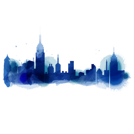 Silhouette of city skyline in watercolor background. Skyscraper with Copy Space Vector Illustrationのイラスト素材