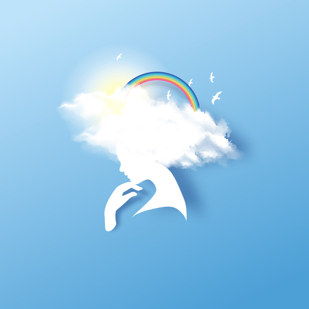Cloud head. Dreamy girl with cloudy hair rainbow and bird isolate on light blue background. Concept of freedom and creation. Vector illustration design.のイラスト素材