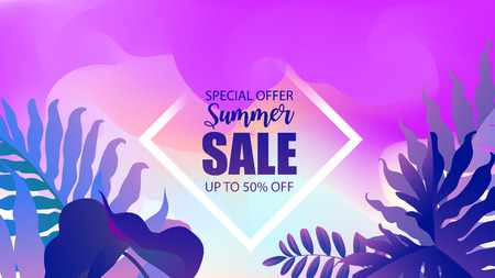 The inscription Summer sale in watercolor with tropical plant background. Web banner or poster for e-commerce, online shop, fashion & beauty shop, storeのイラスト素材
