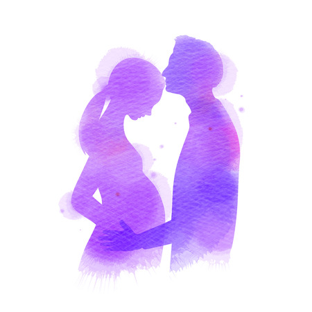 Pregnant woman with her husband silhouette plus abstract watercolor painted. A man kissing his wife. Digital art paintingのイラスト素材