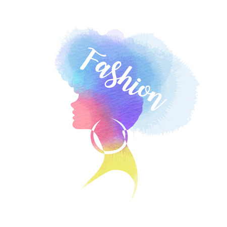Illustration of woman beauty salon silhouette plus abstract watercolor.  Fashion logo. Digital art paintingのイラスト素材