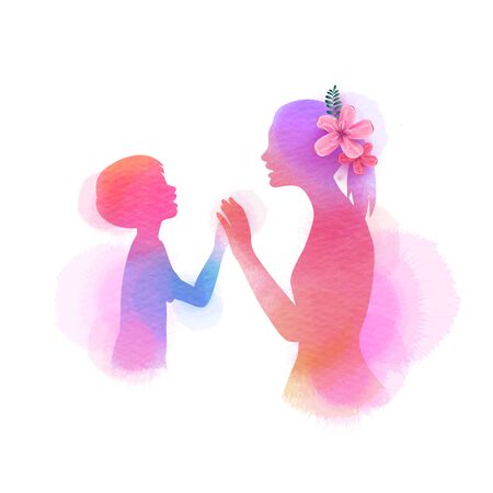 Happy mother's day. Side view of Happy mom with son  silhouette plus abstract watercolor painted. Double exposure illustration. Digital art painting.のイラスト素材