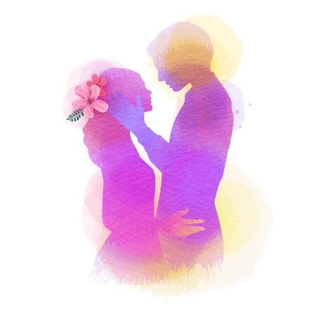 Romantic Valentine lovers silhouette on watercolor background. Love at first sign concept.  Engagement couple. Happy valentine's dayのイラスト素材