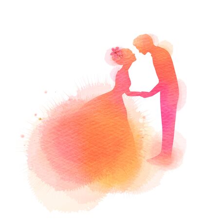Romantic Valentine lovers silhouette on watercolorのイラスト素材