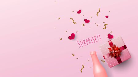 Pastel pink bottle and pink gift box with copy-space on sweet pinkのイラスト素材