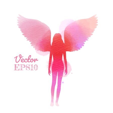 Girl angel with wings silhouette plus abstract watercolor painted.Vector EPS10のイラスト素材