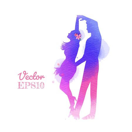 Romantic Valentine lovers dancing silhouette on watercolor background. Love at first sign concept.  Engagement couple. Happy valentine's day. Vector illustrationのイラスト素材