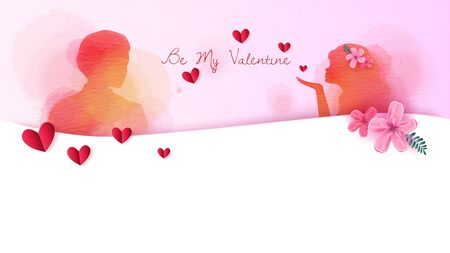 Happy couple blowing a kiss with red heart shapes silhouette plus abstract watercolor painted. Love at first sign concept.  Engagement couple. Happy valentine's day. Double exposure illustration. Vectorのイラスト素材