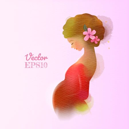 Watercolor of pregnant woman. Happy mother's day. Mother and baby health. Digital art painting. Vector illustrationのイラスト素材