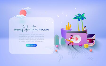 Concept of online education for banner and website. Online training courses. Landing page template.  Vector illustration.のイラスト素材