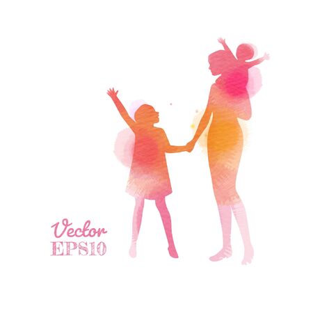 Double exposure illustration. Happy mother with her kids silhouette plus abstract water color painted. Happy mother's day. Digital art painting. Vector illustrationのイラスト素材