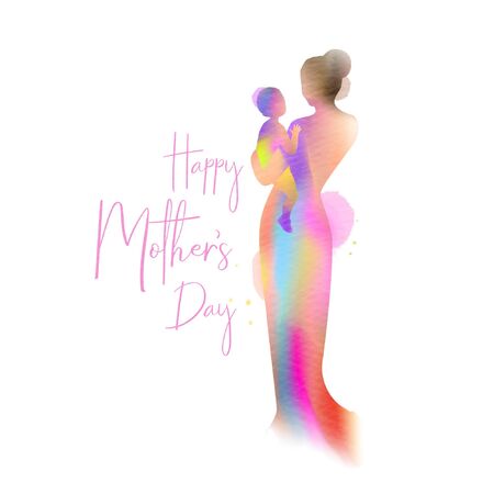 Happy mother's day. Happy mom with her child silhouette plus abstract  . Double exposure illustration. Vector illustration.のイラスト素材