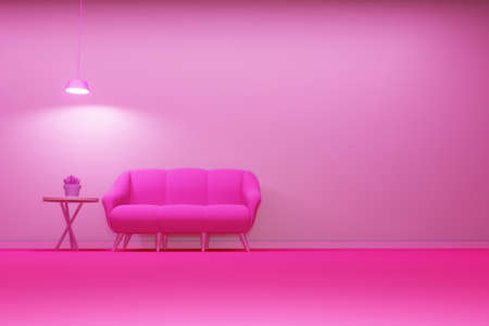 Interior room in plain monochrome light pink color with sofa, table and Cactus vase with copy space.の写真素材