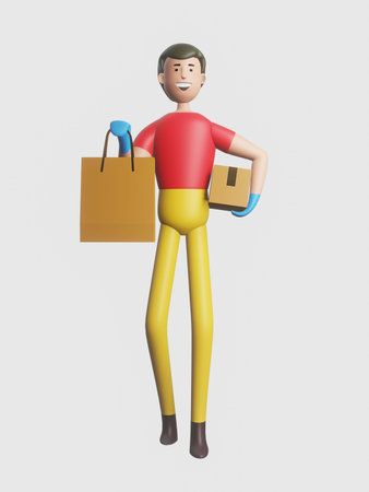 Red uniform deliveryman service during pandemic coronavirus. Parcel tracking concept.