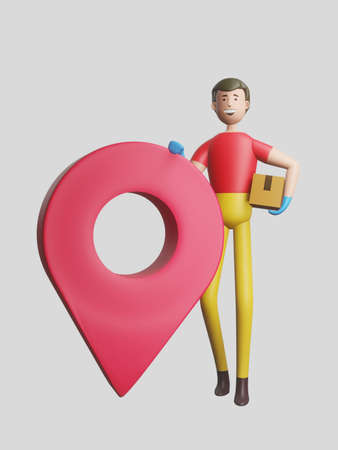 Parcel tracking concept. Deliveryman holding parcel with a large red pin. 3d illustration.の写真素材