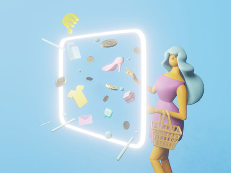 Young woman shop online on the site. Landing page template. 3d illustration.