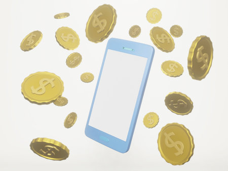 Dollar symbol on gold coins and mobile phone 3d rendering for  Digital Currency Electronic Payment...