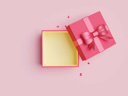 Red open gift box with ribbon with empty space. Top view. 3D rendering.の写真素材